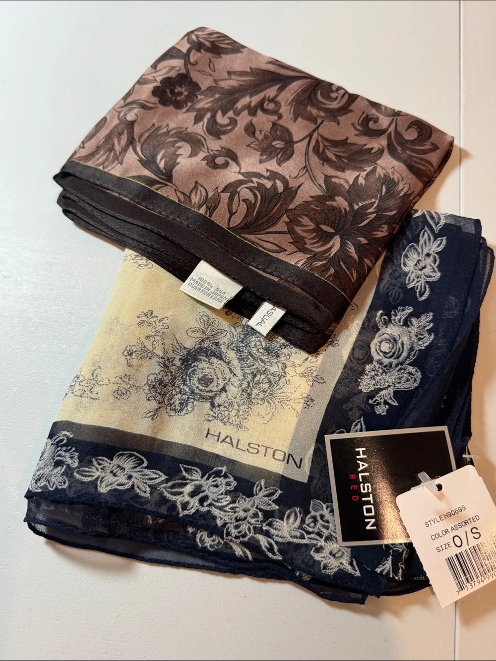 Halston Heritage Black and Ivory Floral Print Silk Scarf, Brown toned silk scarf